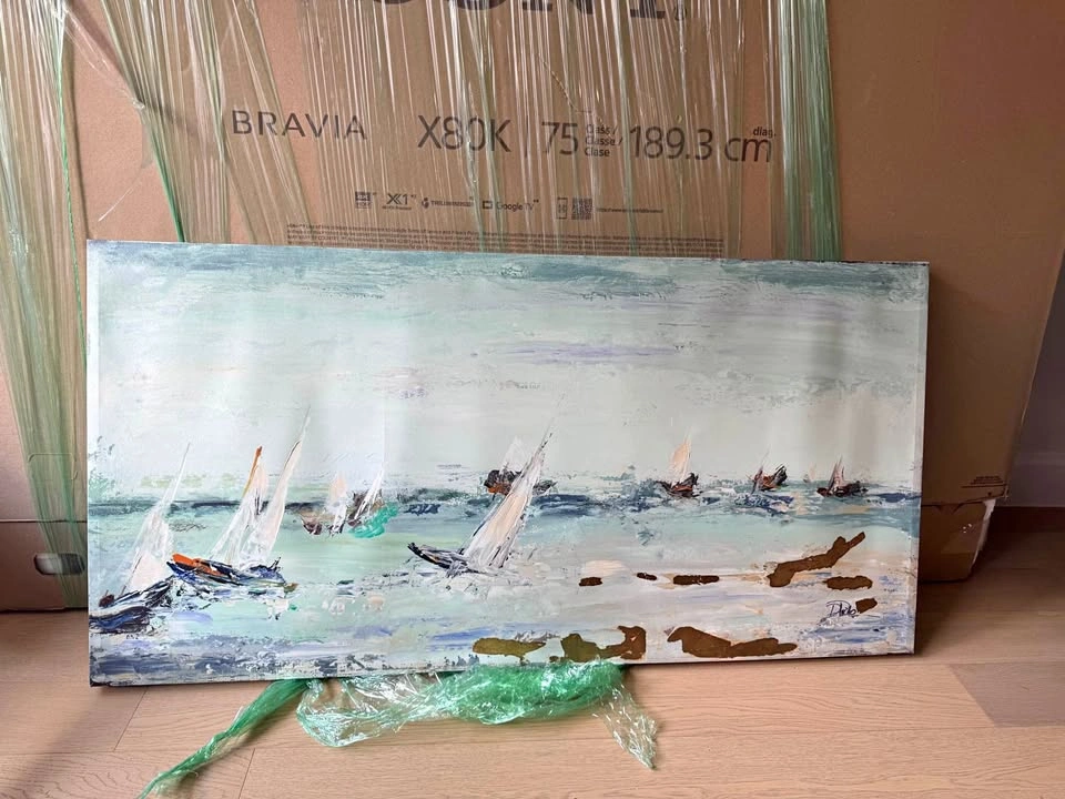 Sailboat canvas print with oil paint & gold leaf - pickup only