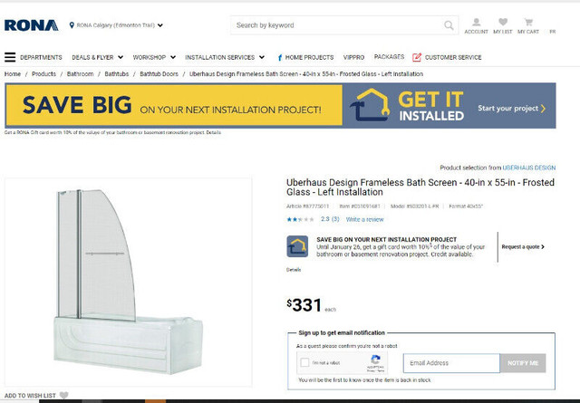 Frameless Bath Tub Screen - 40-in x 55-in - Frosted Glass - photo 5