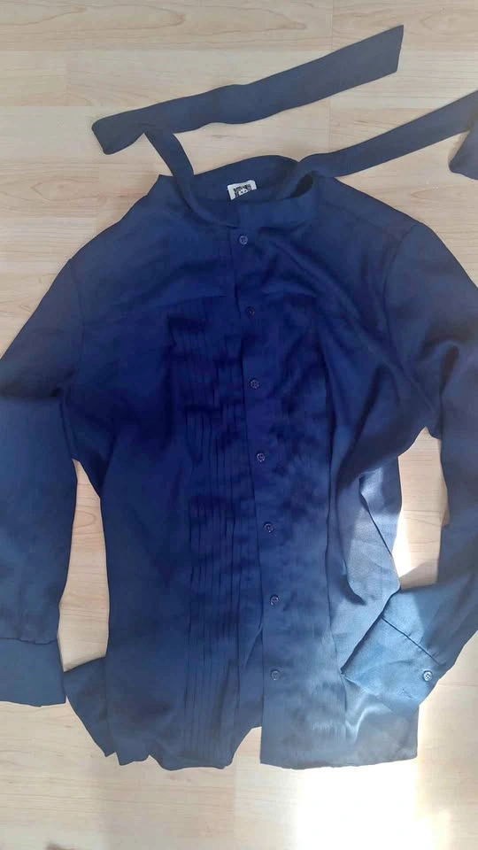 Anne Klein Navy Blue Pleated Tie-Neck Blouse Size 12