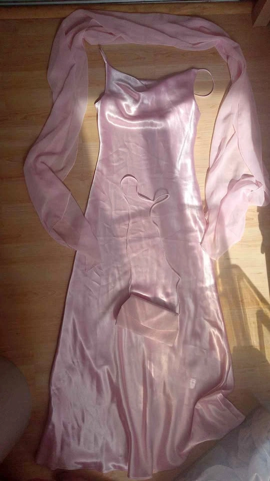 Pink Satin Slip Dress with Shawl and Clutch