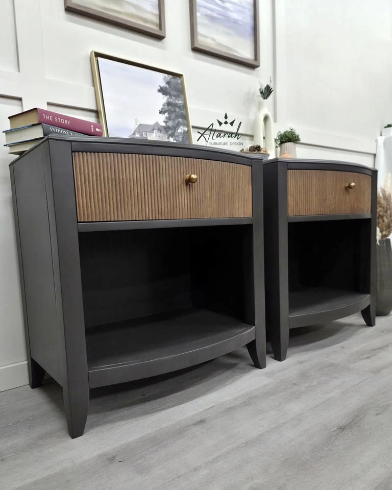 Refinished Solid Wood Nightstands – Black & Walnut Fluted Drawer