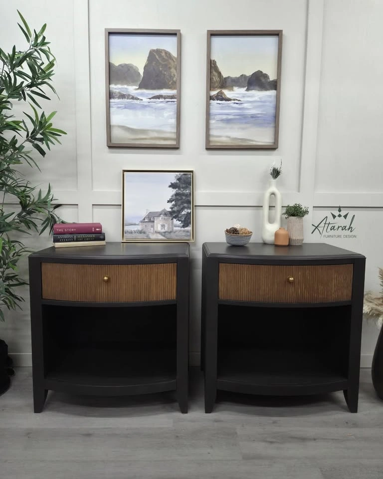 Refinished Solid Wood Nightstands – Black & Walnut Fluted Drawer - photo 3