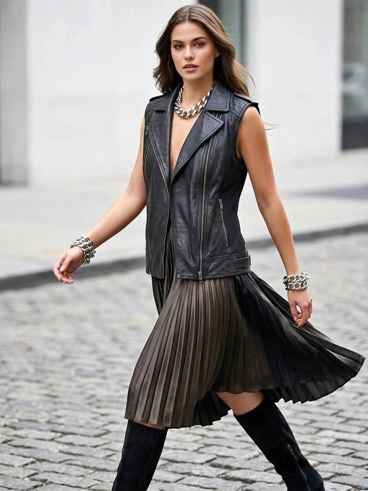 Black Leather Women Vest Size M