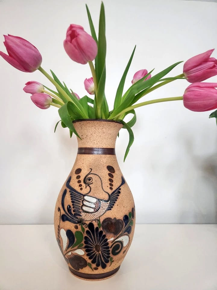 Vintage Tonola Pottery Mexican Vase - Bird & Florals