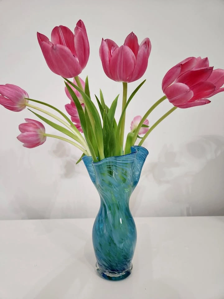 Vintage Blown Studio Art Glass Vase, Turquoise with Blue and Whi