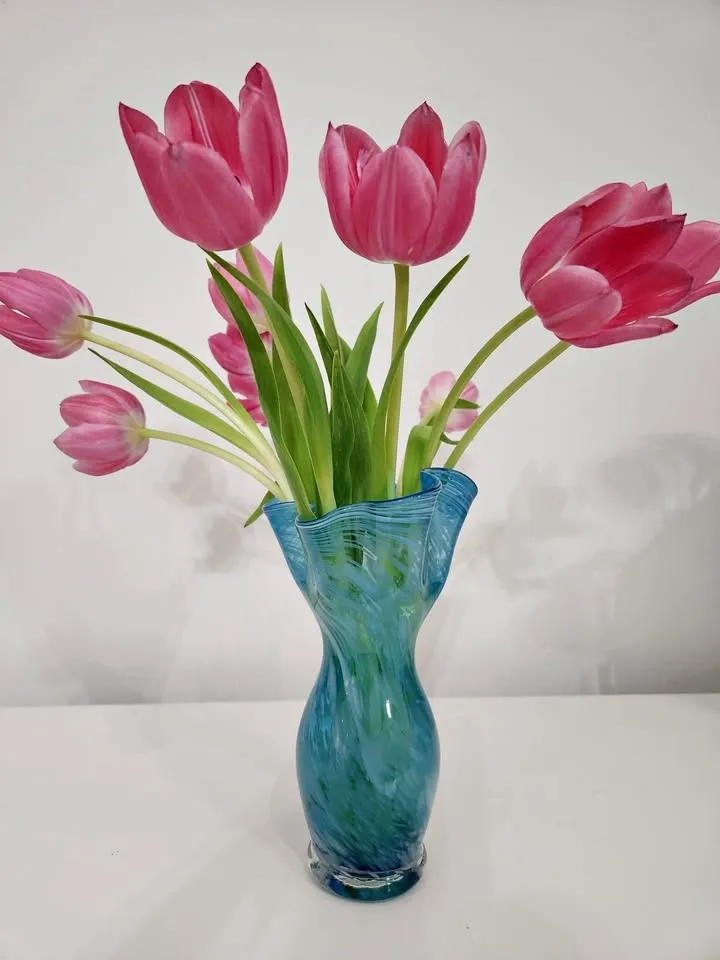 Vintage Blown Studio Art Glass Vase, Turquoise with Blue and Whi