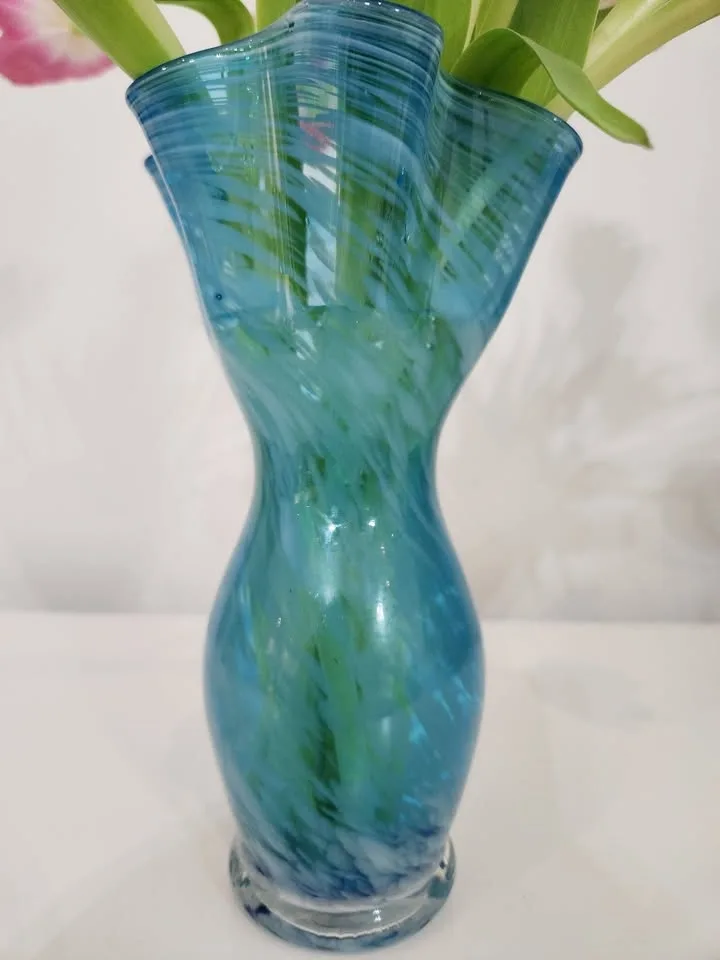 Vintage Blown Studio Art Glass Vase, Turquoise with Blue and Whi - photo 2