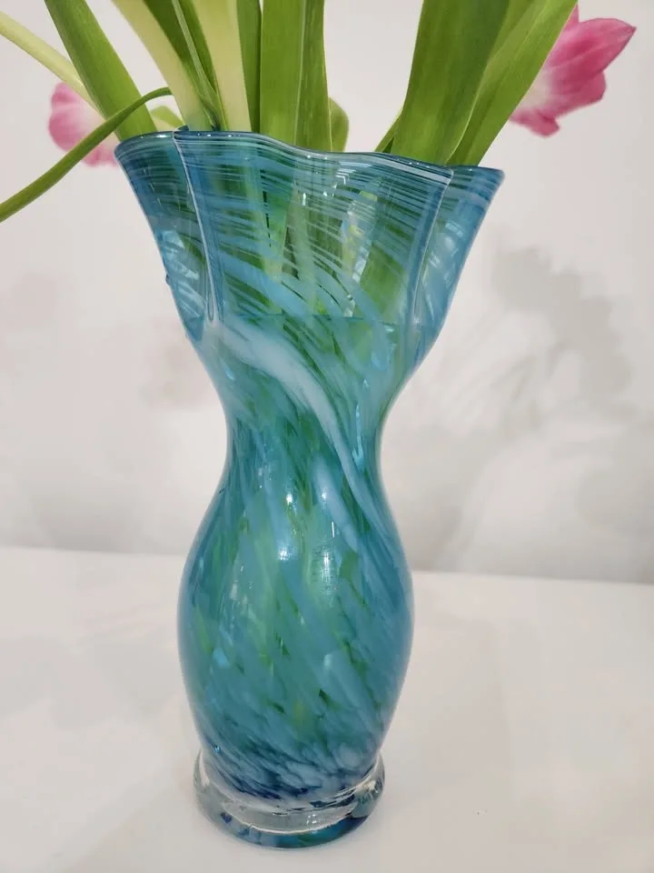 Vintage Blown Studio Art Glass Vase, Turquoise with Blue and Whi - photo 3