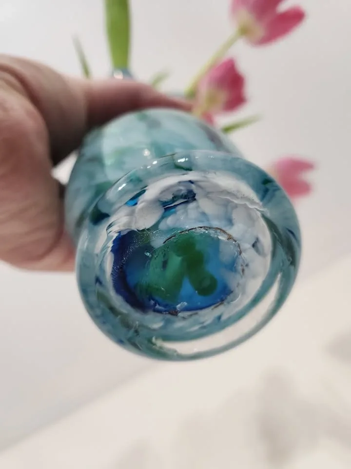 Vintage Blown Studio Art Glass Vase, Turquoise with Blue and Whi - photo 4