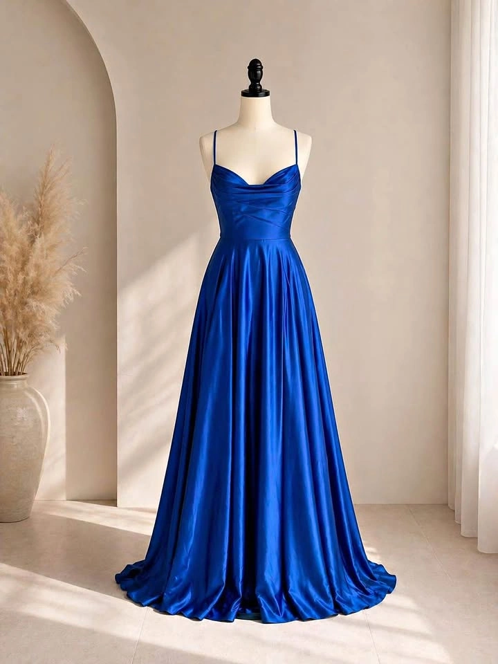 Royal Blue Satin Formal Gown – Open Back + Pockets – Size 2