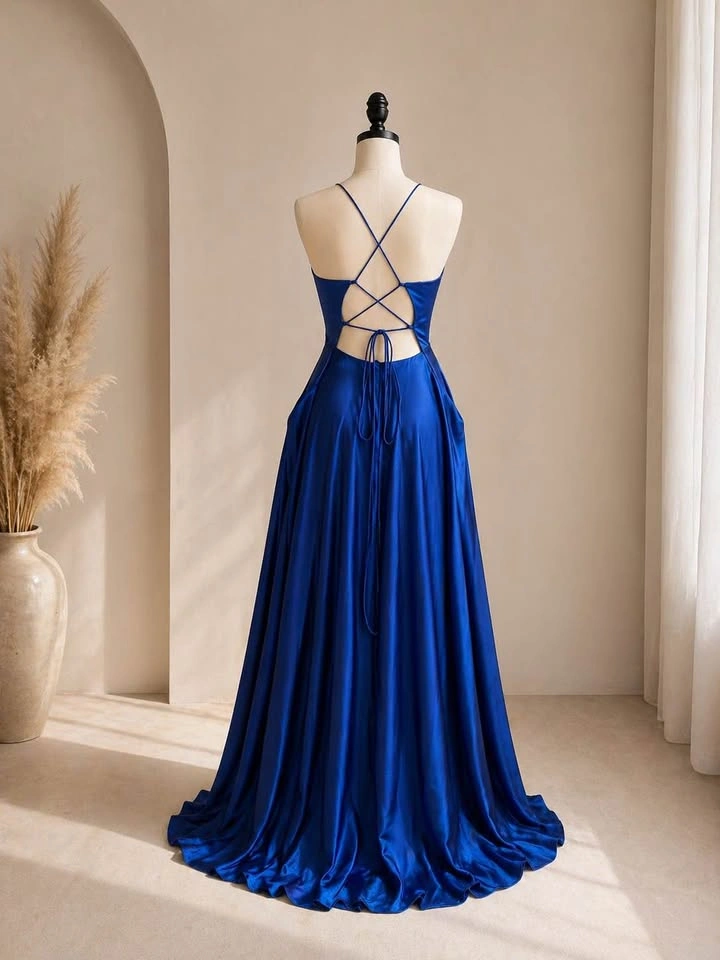 Royal Blue Satin Formal Gown – Open Back + Pockets – Size 2 - photo 2