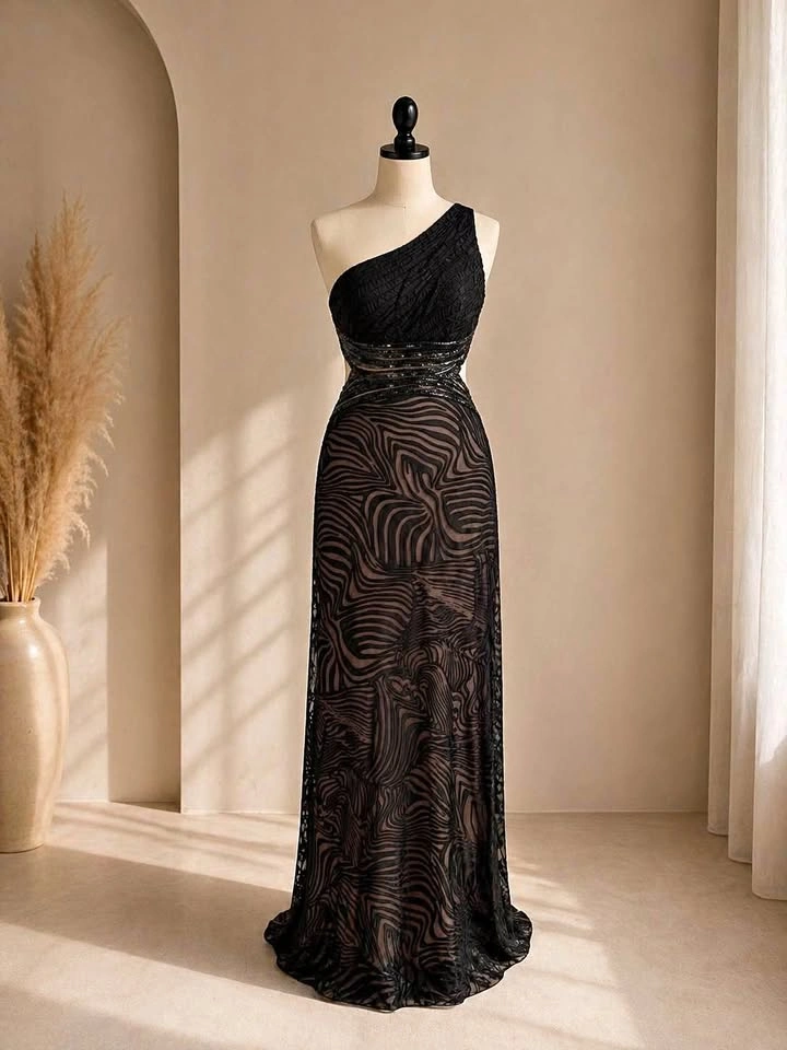 BEBE Black One-Shoulder Formal Gown - Elegant Open Back Dress -