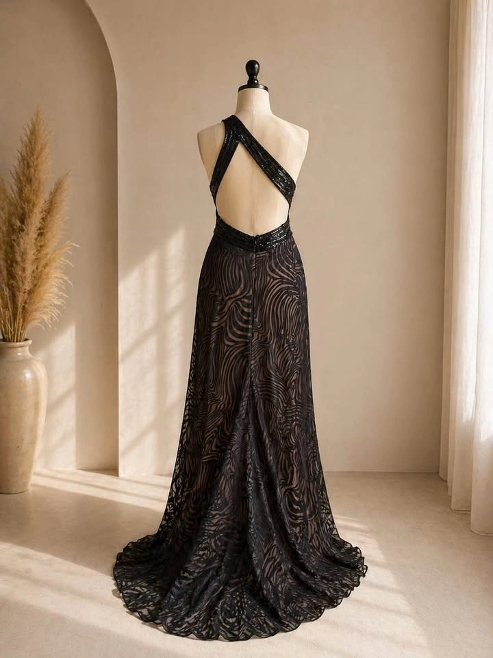 BEBE Black One-Shoulder Formal Gown - Elegant Open Back Dress - - photo 2