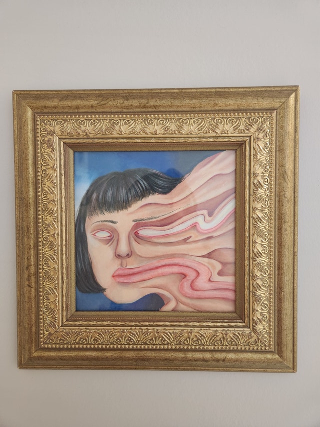 Modern Surrealist Artwork, Mixed Media Portrait in Ornate Frame