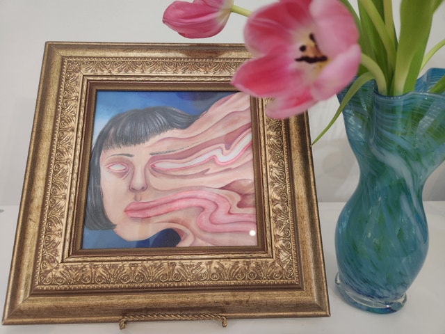 Modern Surrealist Artwork, Mixed Media Portrait in Ornate Frame - photo 2
