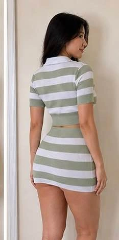 Green & White Striped Crop Top + Skirt Set - photo 2