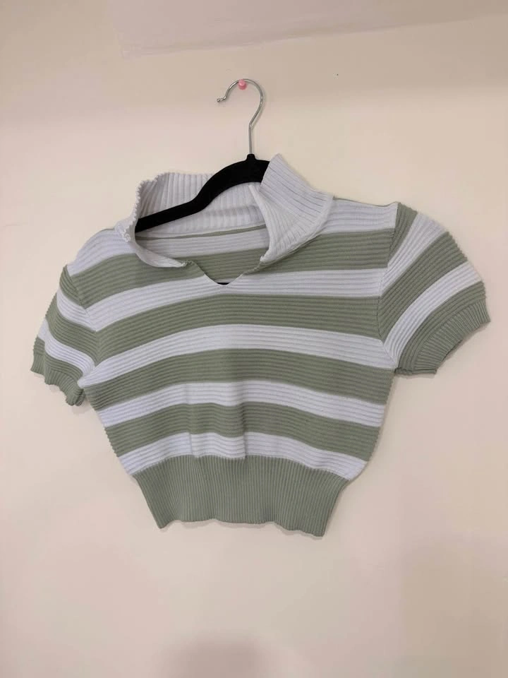 Green & White Striped Crop Top + Skirt Set - photo 3