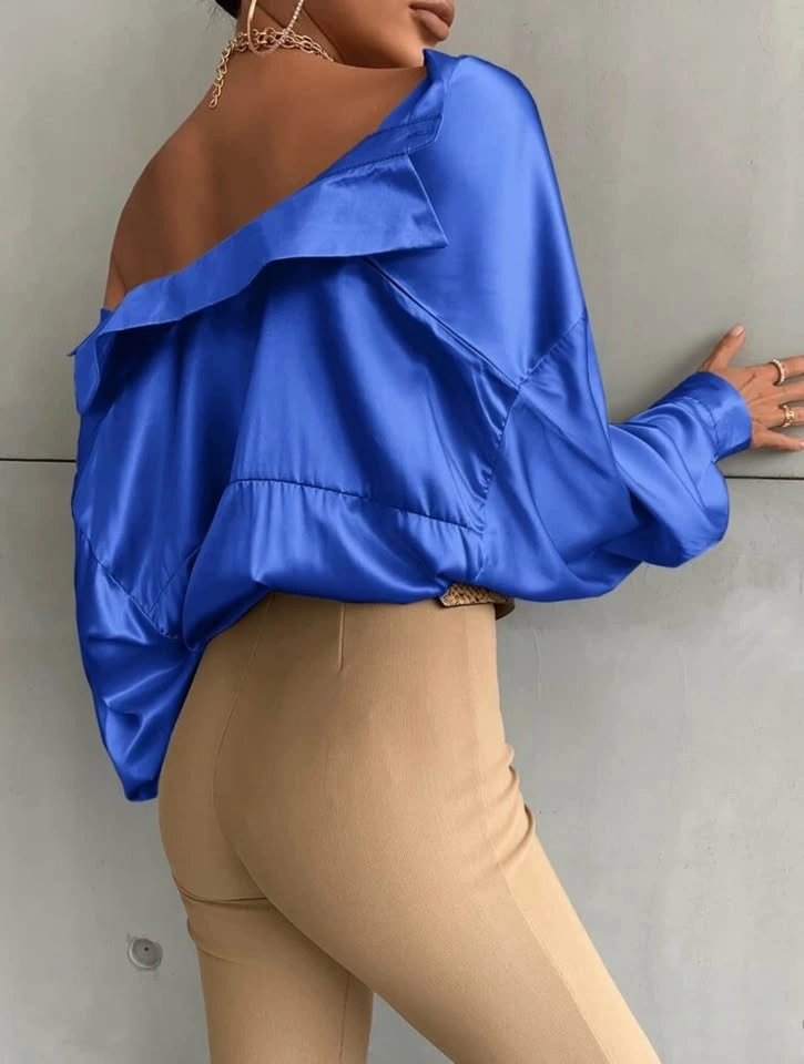💙 Satin Blue Off-Shoulder Blouse - photo 2