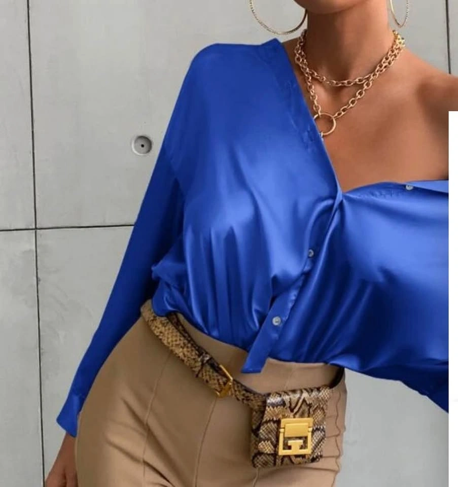 💙 Satin Blue Off-Shoulder Blouse - photo 3