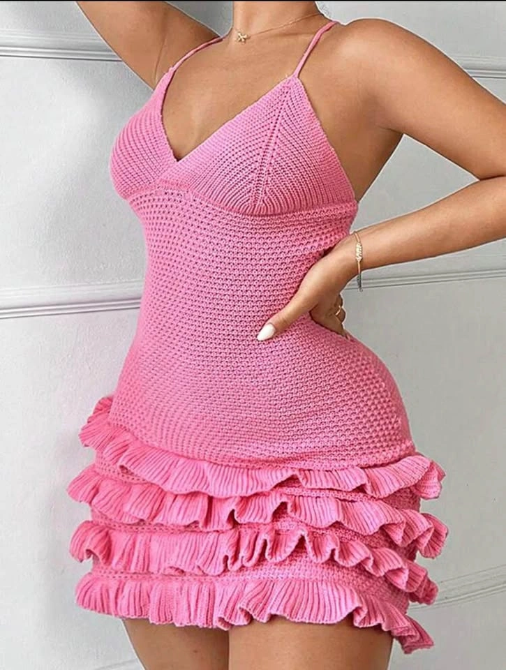 💓 Pink Ruffle Knit Mini Dress