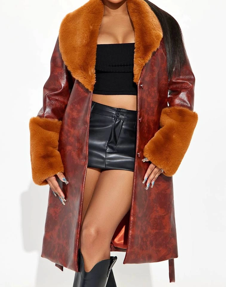 Fashion Nova Brown Faux Leather Coat with Fur Trim - Vintage Sty