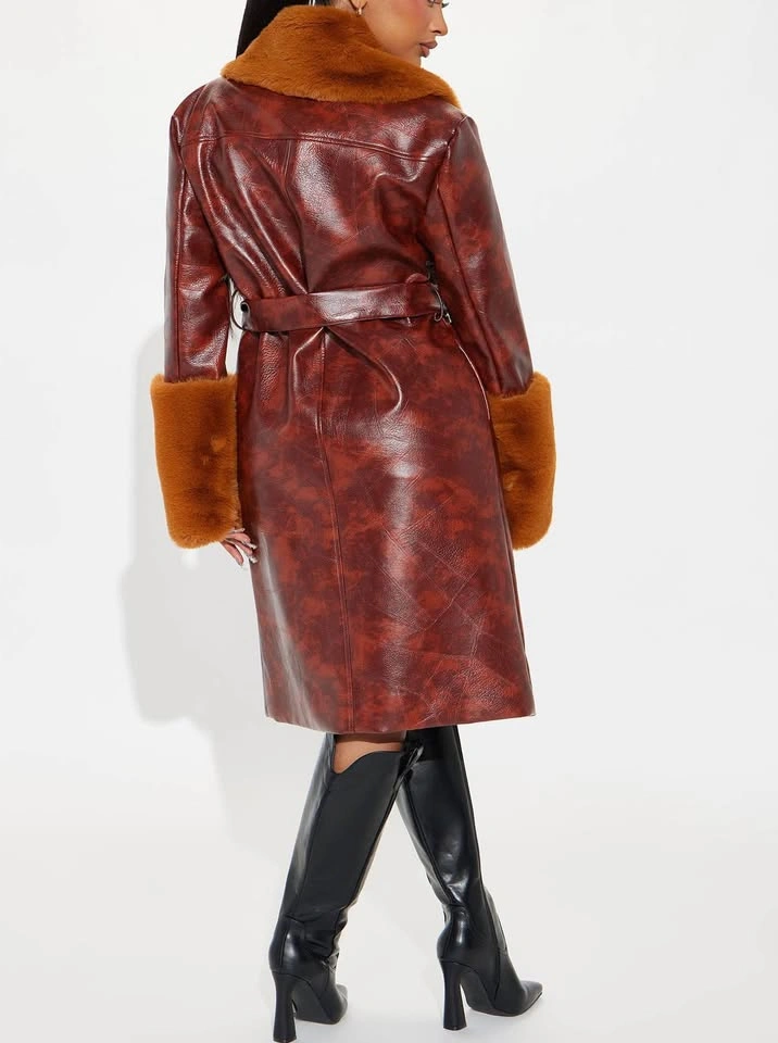 Fashion Nova Brown Faux Leather Coat with Fur Trim - Vintage Sty - photo 4