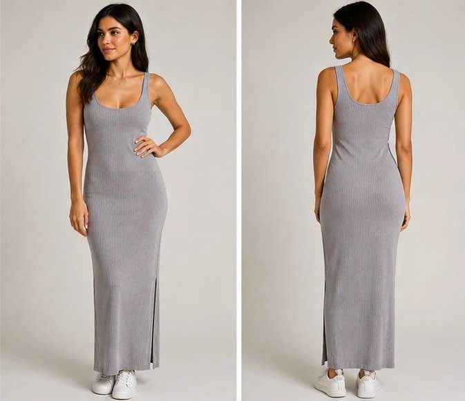 Grey Ribbed Bodycon Maxi Dress – Sleek & Elegant