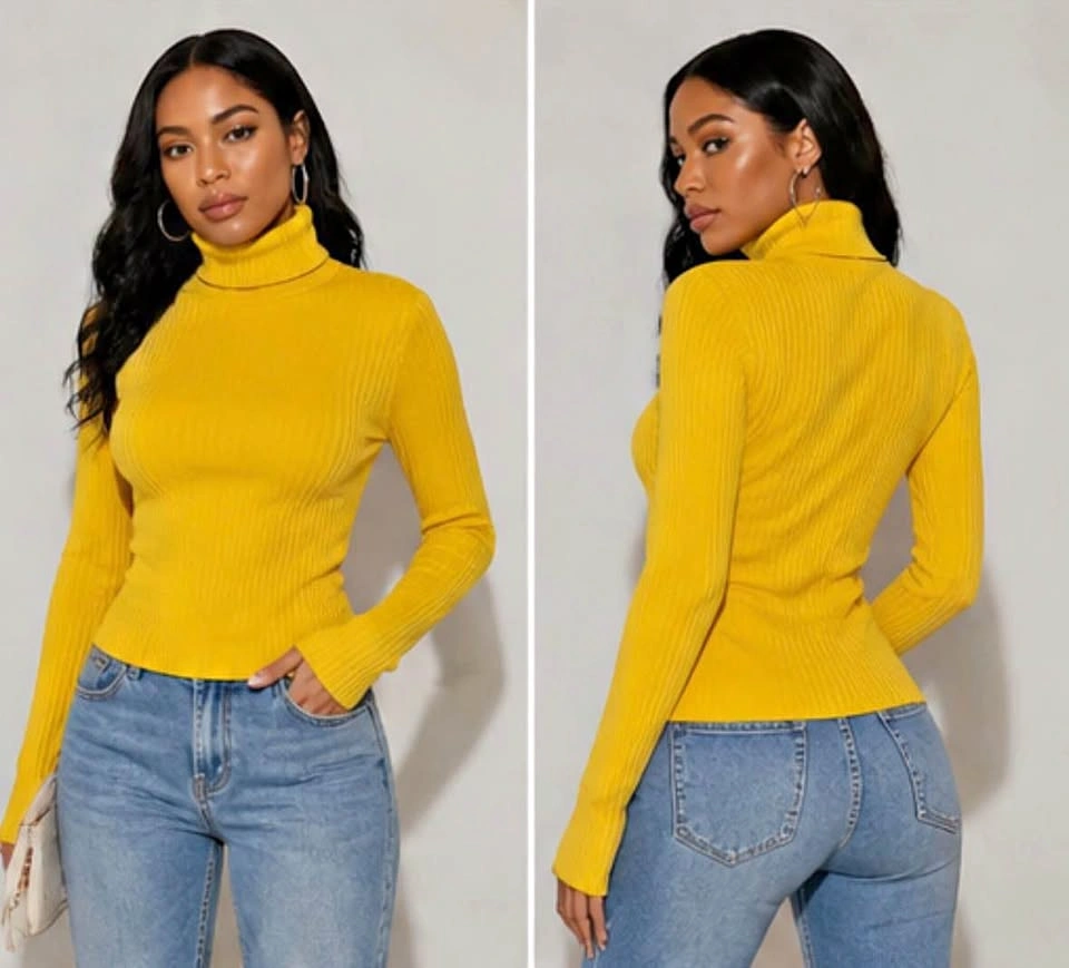 💛 Yellow Ribbed Turtleneck Top – Size M