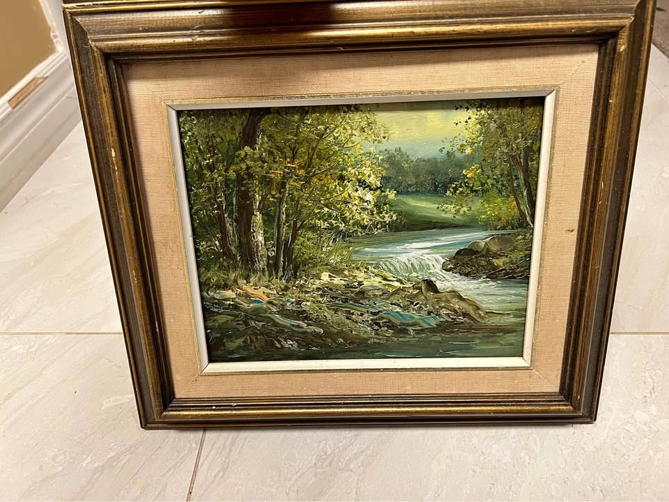 Vintage Framed Landscape Oil Painting – Wooded River Scene