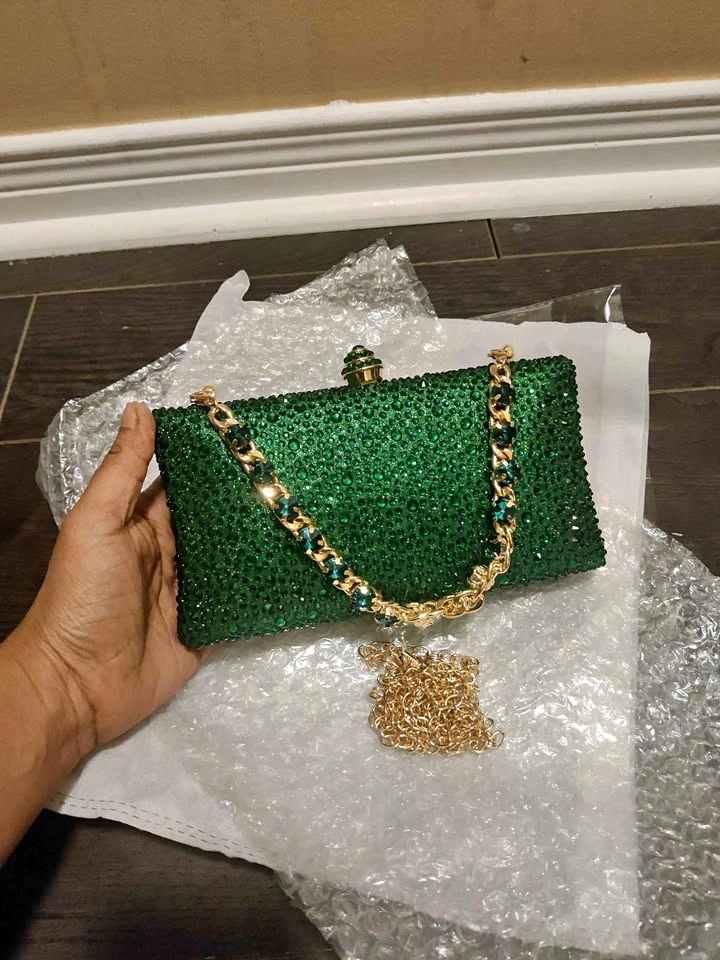 Brand new luxury green women's party bag with rhinestone strap