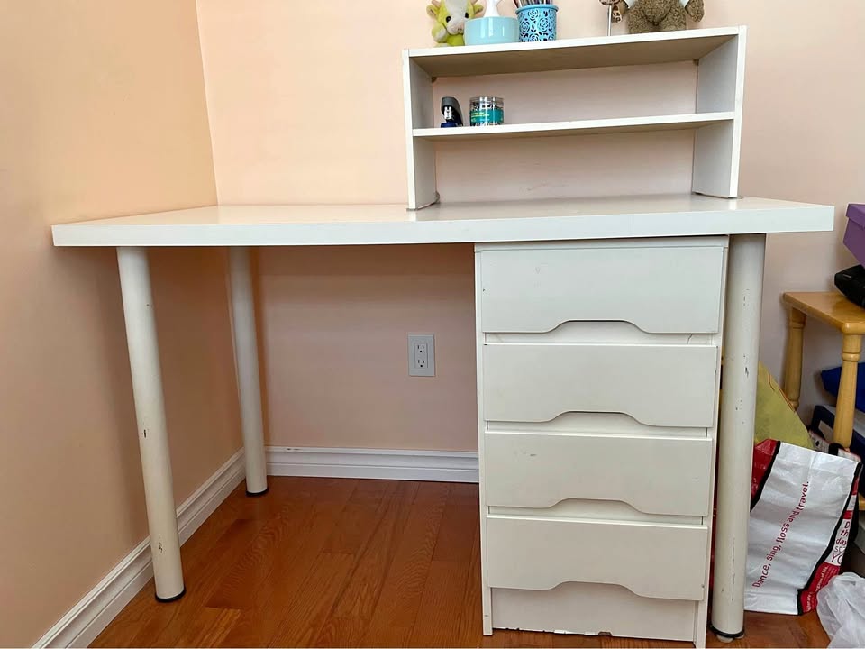 Ikea white wooden desk with drawers and desktop shelf