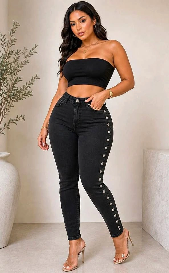 🖤 Black Skinny Jeans with Side Stud Detail (Curve-Hugging Fit)