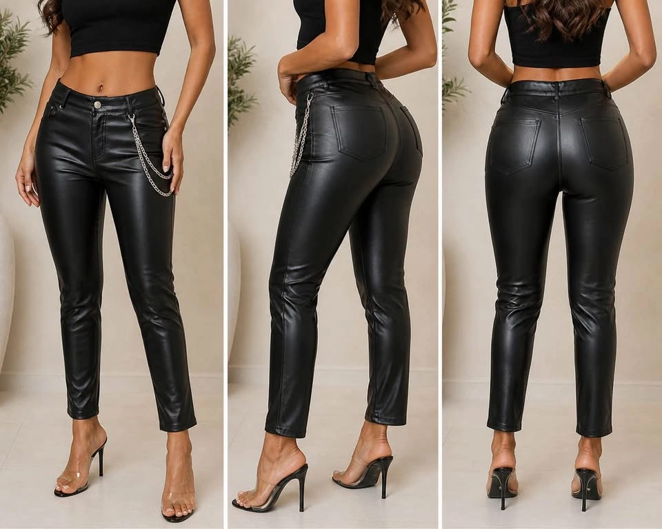 Black Leather Pants with Chain (Size M) - photo 3