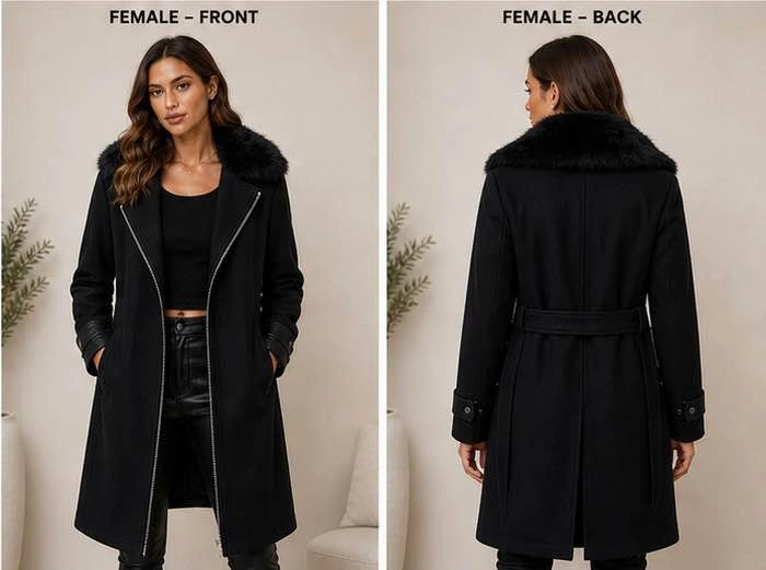 Black Coat with Fur Collar (Belted)