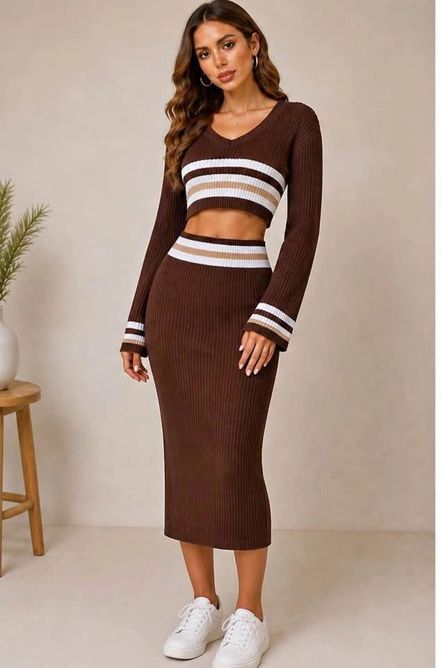🤎 Brown Striped Knit Crop Top & Skirt Set