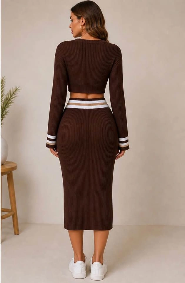 🤎 Brown Striped Knit Crop Top & Skirt Set - photo 2