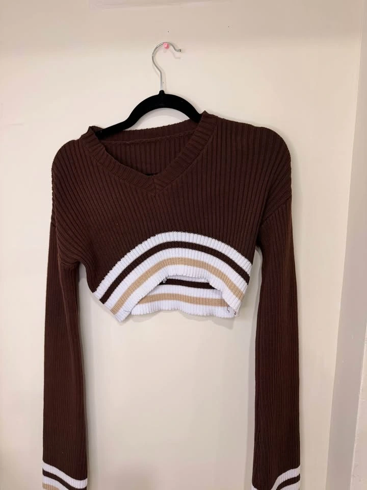 🤎 Brown Striped Knit Crop Top & Skirt Set - photo 3