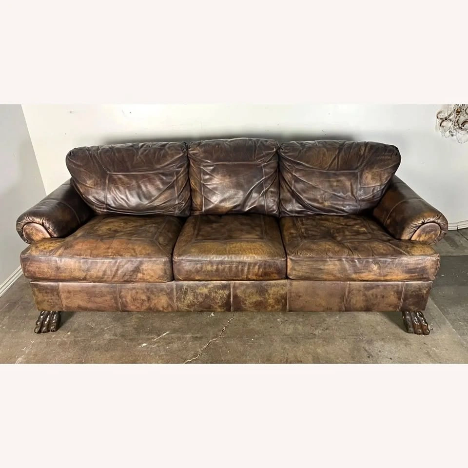 Vintage Distressed Leather Sofa with Lion Paw Feet