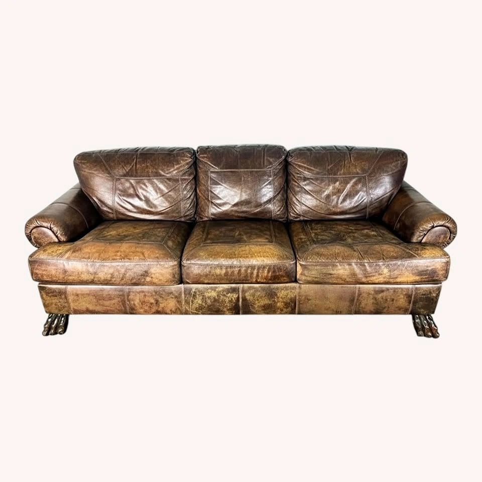 Vintage Distressed Leather Sofa with Lion Paw Feet - photo 2