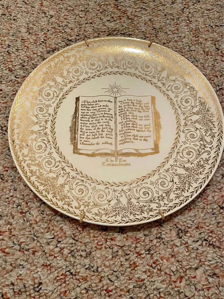 Ten Commandments Hand Decorated Pearl Plate 22kt Gold Trim