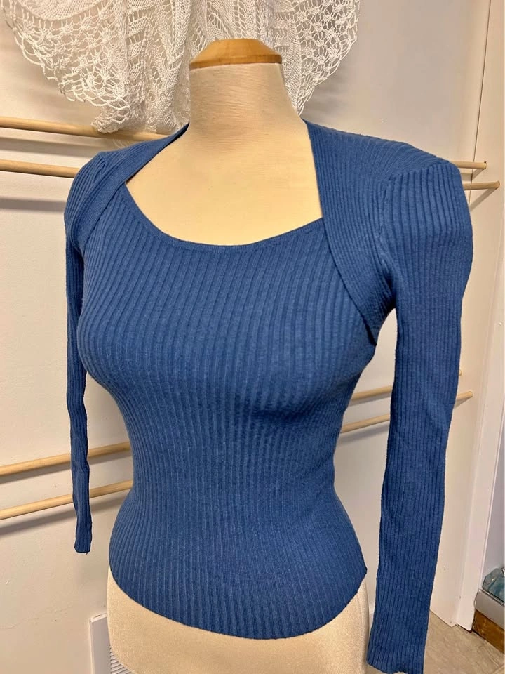 Blue Ribbed Long Sleeve Sweater