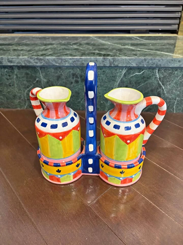 Colorful Ceramic Oil Vinegar Cruet Set w/ Caddy