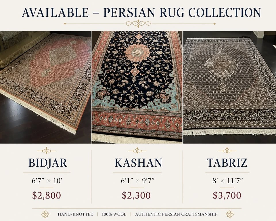 Hand-Knotted Persian Wool Rugs – Set of 3 (Tabriz, Bidjar, Kasha