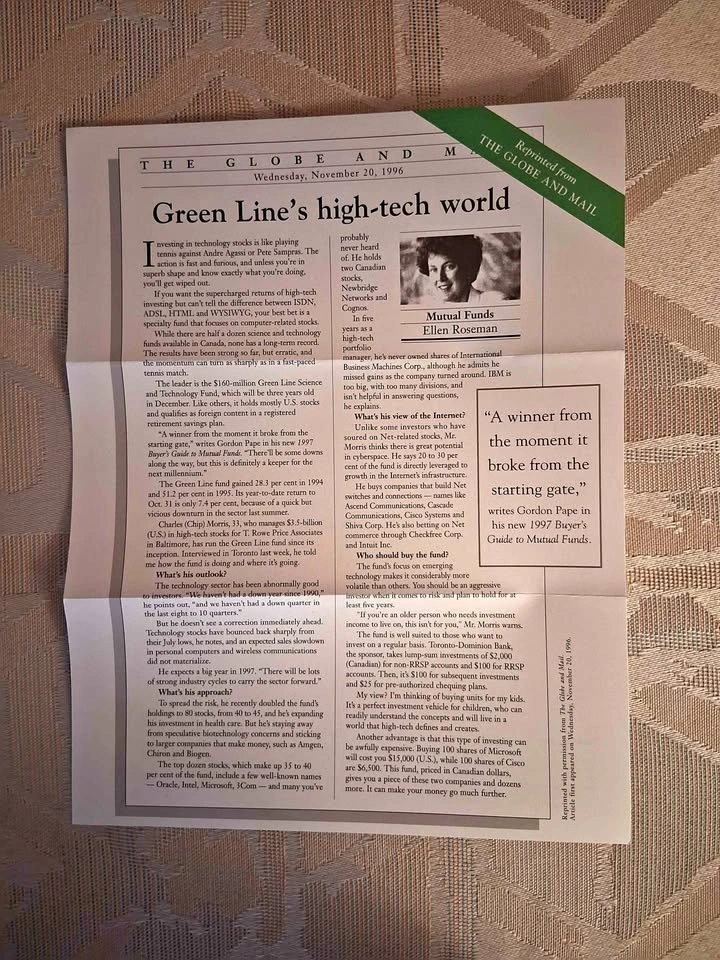 1996 Globe & Mail Reprint - Green Line Tech Fund Article