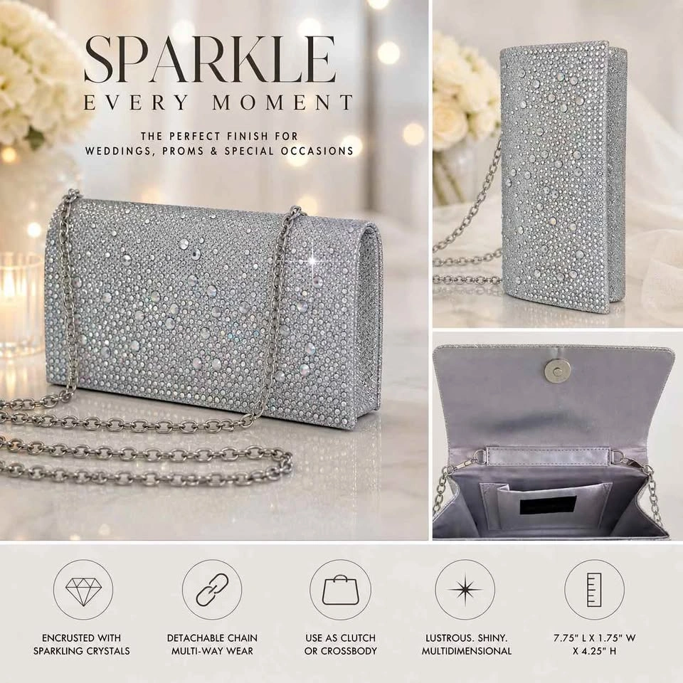 Jessica McClintock Chloe Crystal Clutch Silver Evening Bag