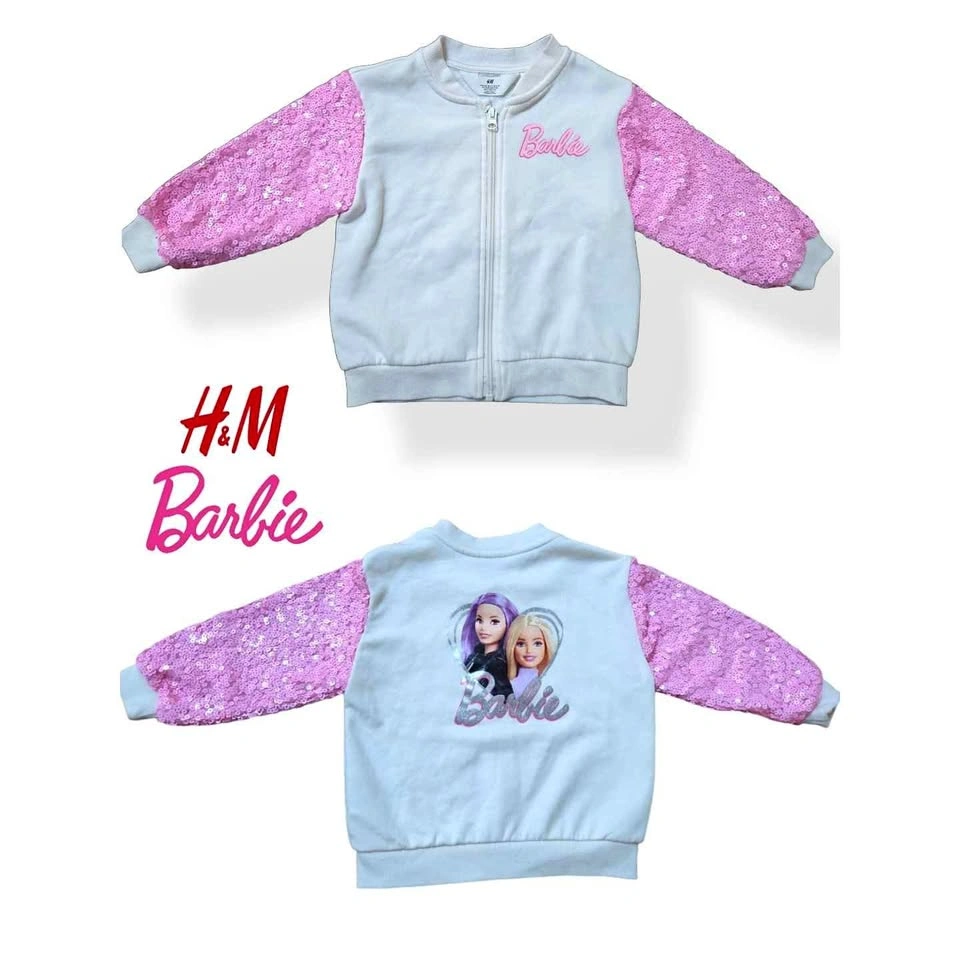 H&M x Barbie Sequin Bomber Jacket - Pink Sparkle Sleeves - 3-4T