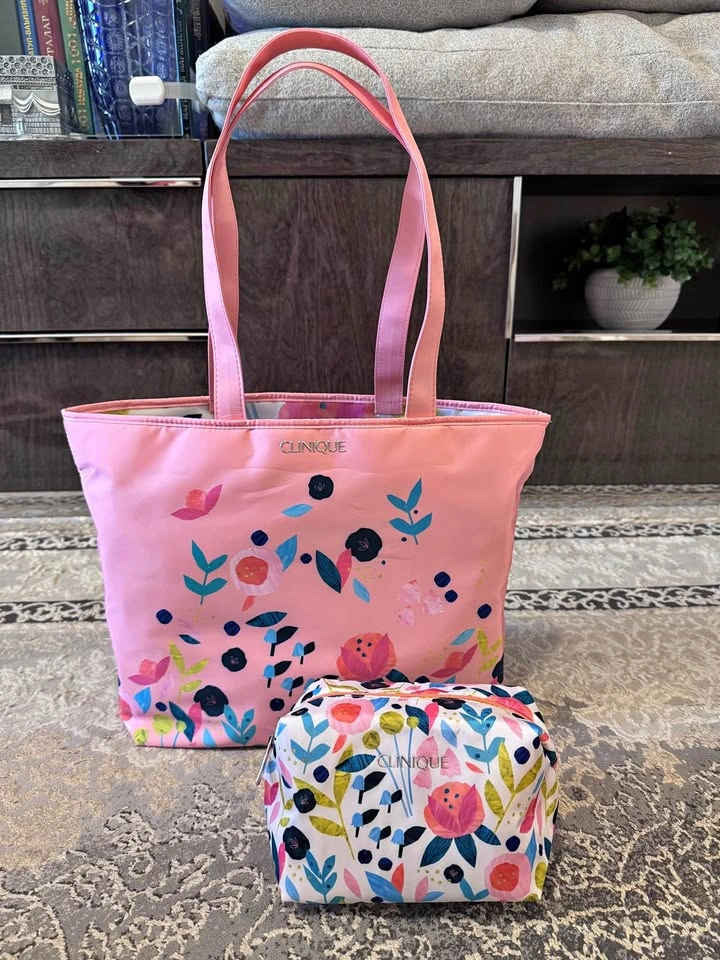 Brand New Clinique Pink Floral Tote Bag + Matching Makeup Pouch