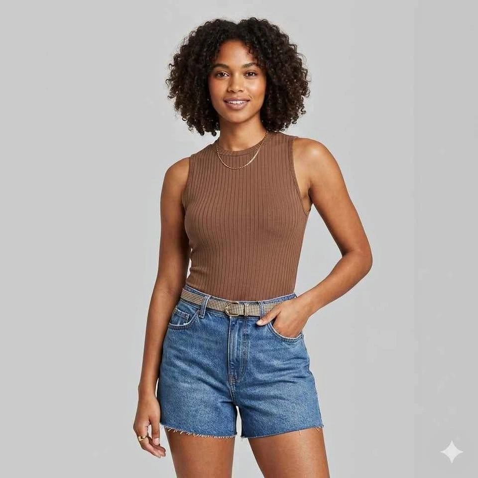Eclipse Brown Ribbed Mock Neck Bodysuit M