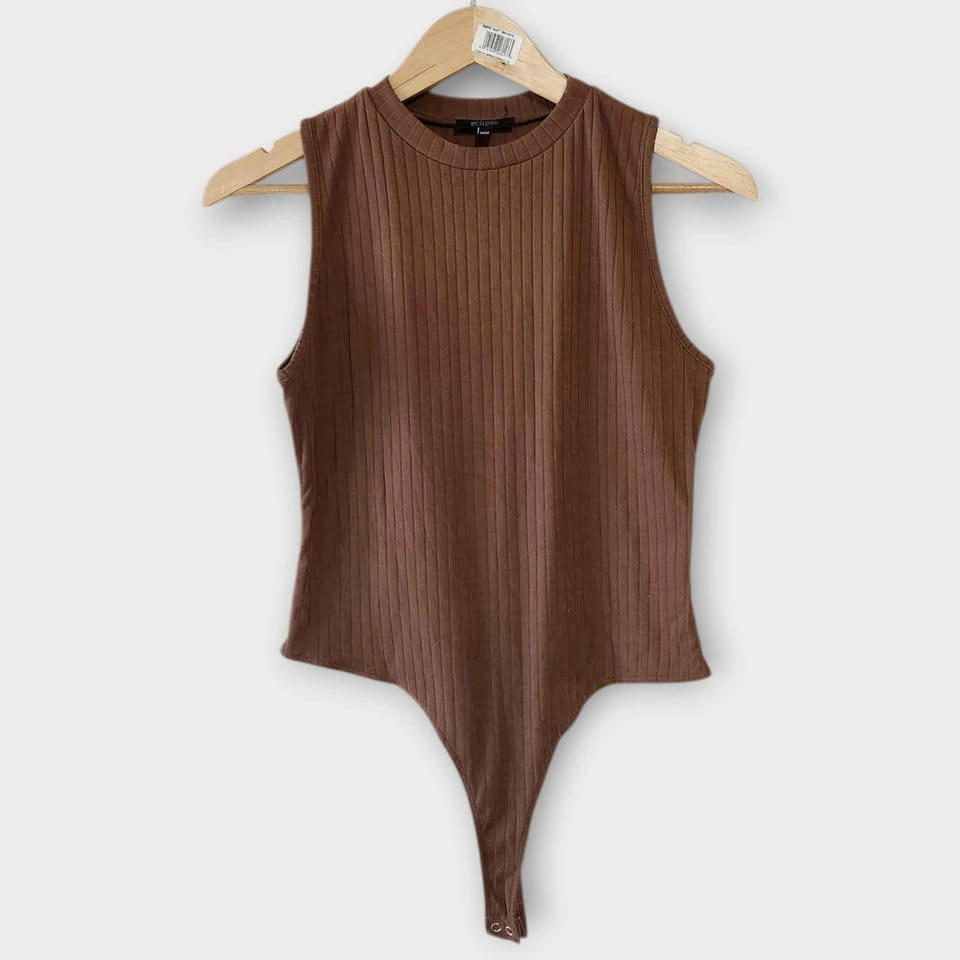 Eclipse Brown Ribbed Mock Neck Bodysuit M - photo 2