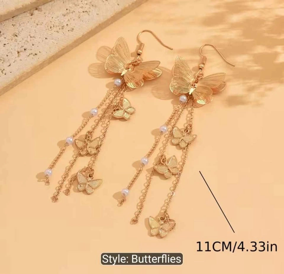 1Pair Golden Butterflies Earrings Long Drop Dangling Cute Sparkl - photo 3